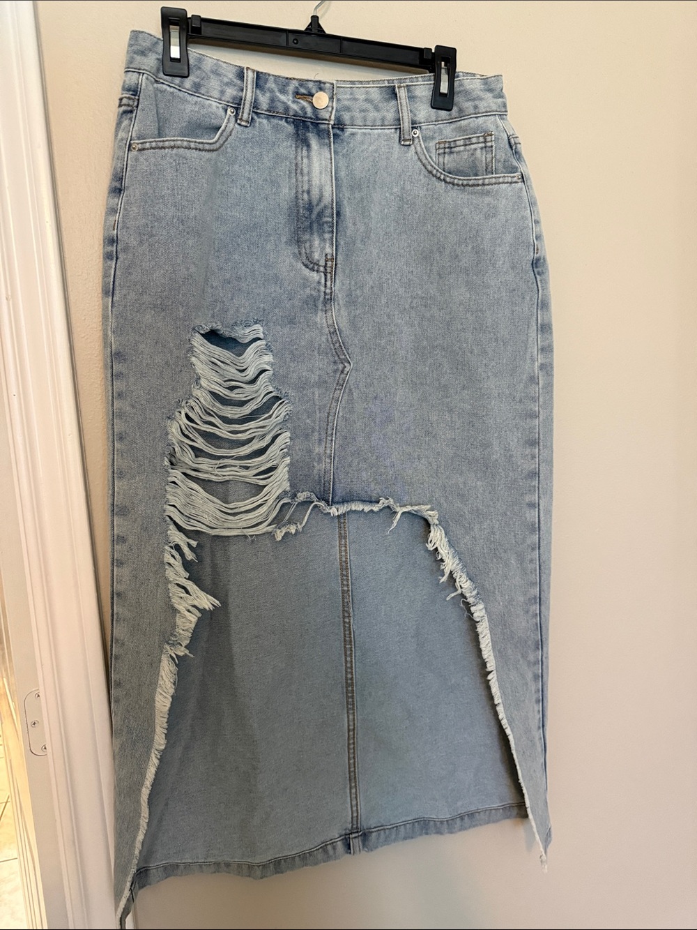 High Low Light Blue Distressed Denim Midi Skirt